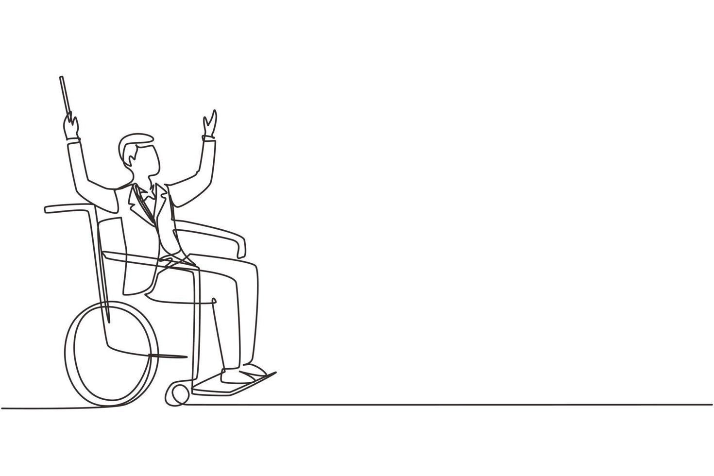 une seule ligne dessinant un bel homme chef d'orchestre assis dans un fauteuil roulant menant l'orchestre. handicap et musique classique. handicapé. illustration vectorielle graphique de conception de dessin en ligne continue vecteur