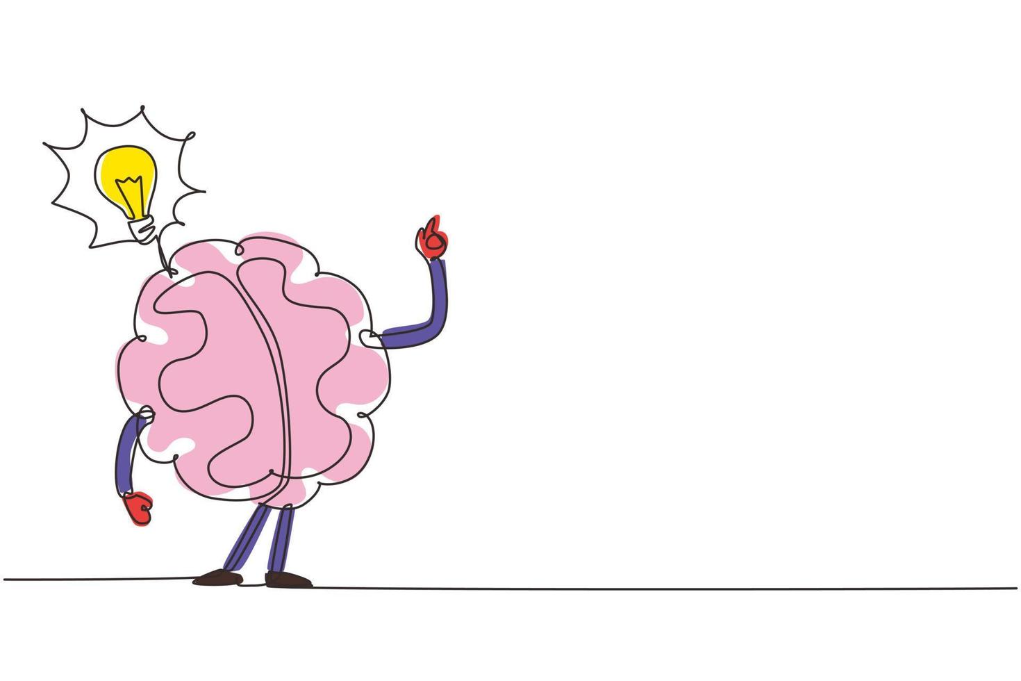 une seule ligne dessinant le cerveau humain a inventé quelque chose avec l'icône de l'ampoule. trouvé le concept de cerveau de dessin animé de réponse. conception de style plat du cerveau pour l'éducation. ligne continue dessiner illustration vectorielle de conception vecteur