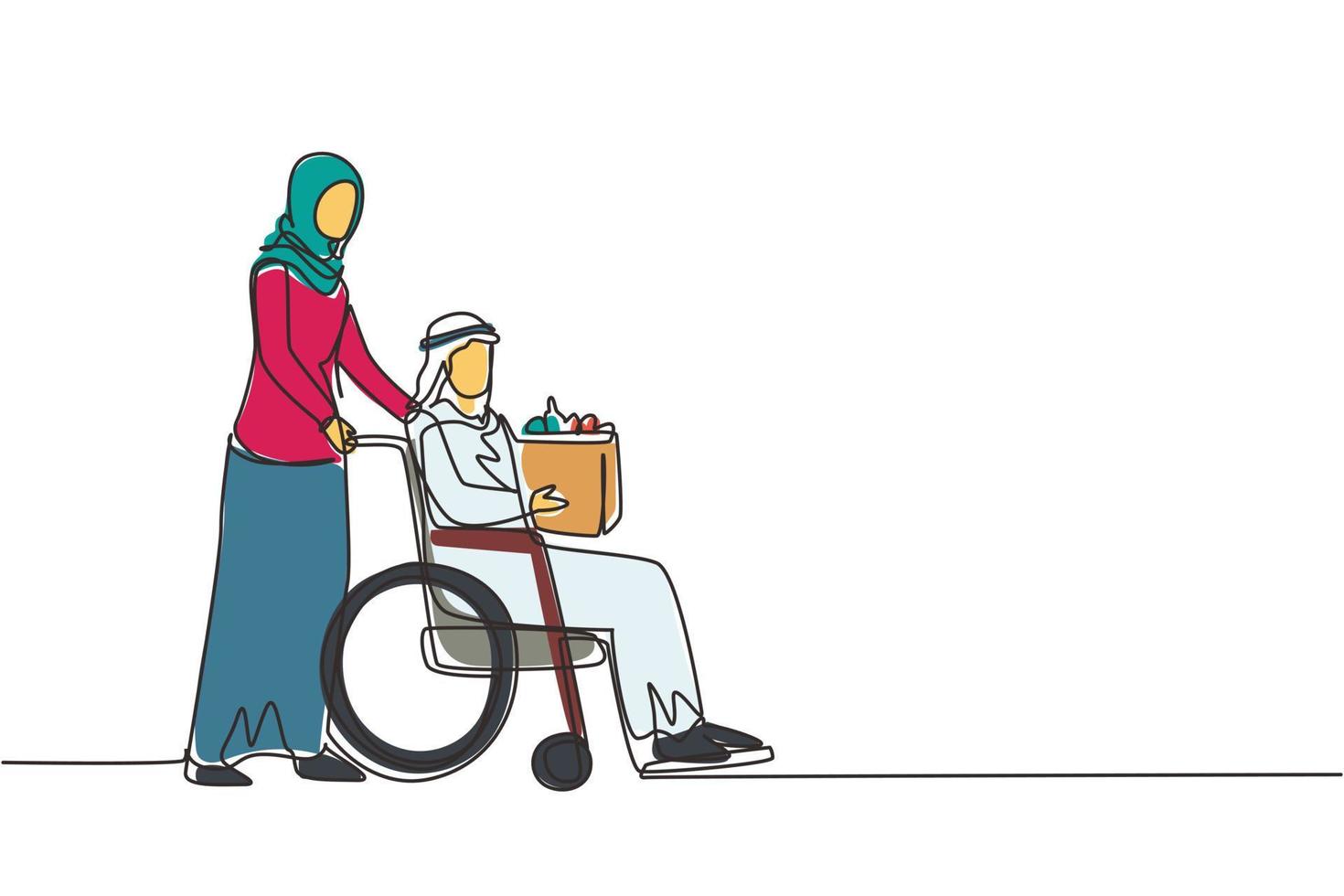 une seule ligne continue dessinant un travailleur social aidant un vieil homme en fauteuil roulant à faire ses courses. une femme arabe bénévole s'occupe et marche avec un homme âgé handicapé pour faire du shopping. vecteur de conception d'une ligne