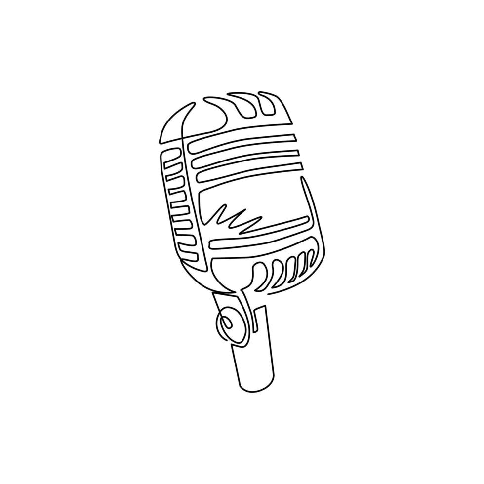 simple ligne continue dessinant un vecteur de microphone vintage rétro sur fond blanc. silhouette de micro. musique, voix, logo d'icône d'enregistrement. symbole du studio d'enregistrement. une ligne dessiner illustration vectorielle de conception