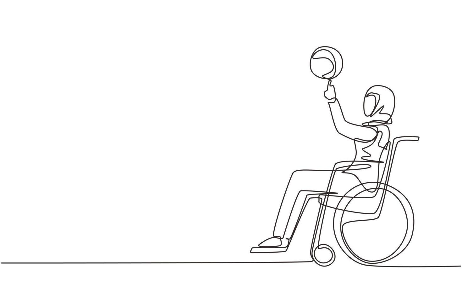 une ligne continue dessinant une fille arabe en fauteuil roulant joue au basket. personne handicapée fait tourner le basket-ball sur son doigt. exercice pour les personnes handicapées. illustration vectorielle de dessin à une seule ligne vecteur