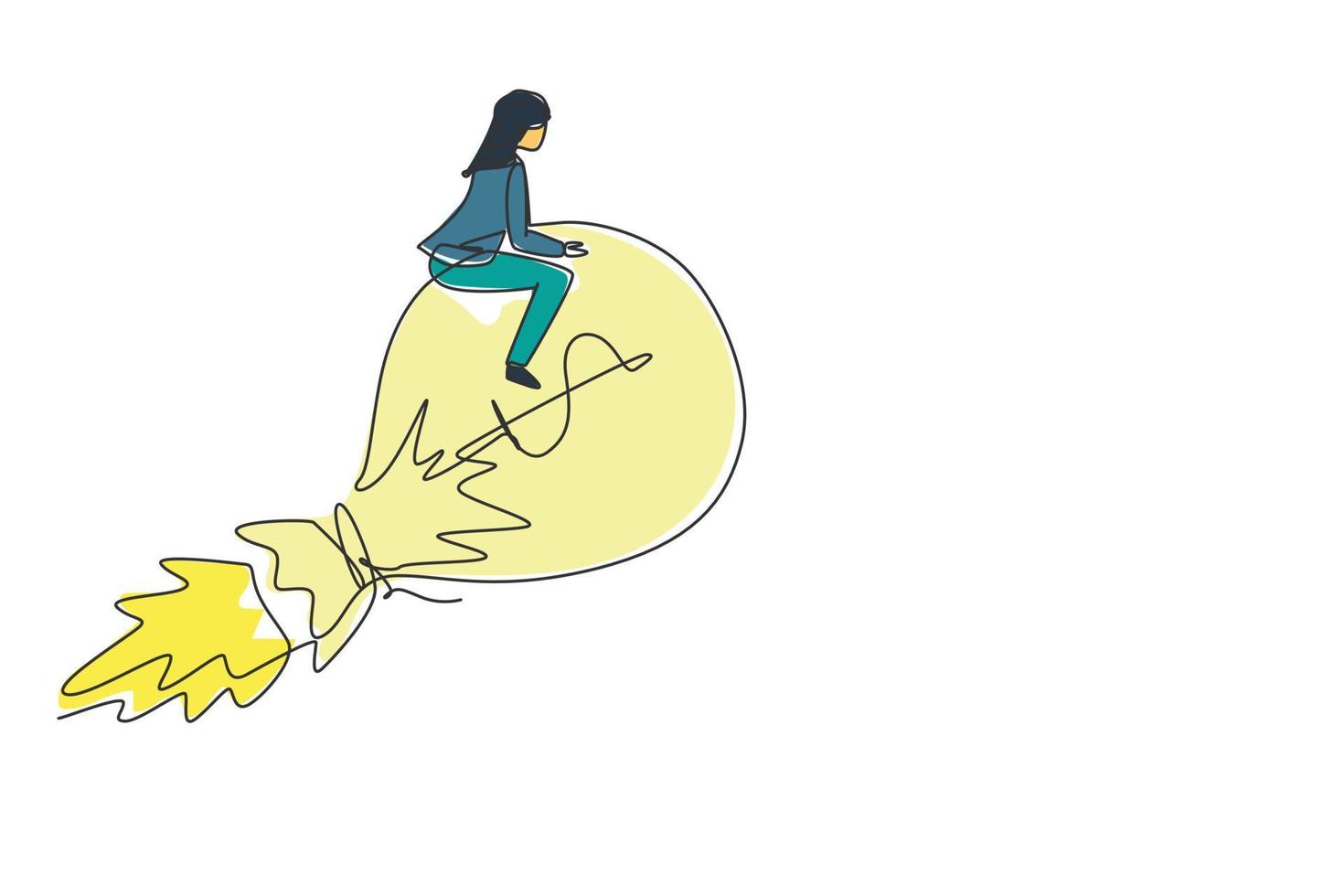 une seule ligne dessinant une femme d'affaires heureuse à cheval sur un sac d'argent de fusée avec un signe dollar volant dans le ciel. idée créative d'entreprise financière pour atteindre l'objectif de réussite. vecteur de conception de dessin en ligne continue