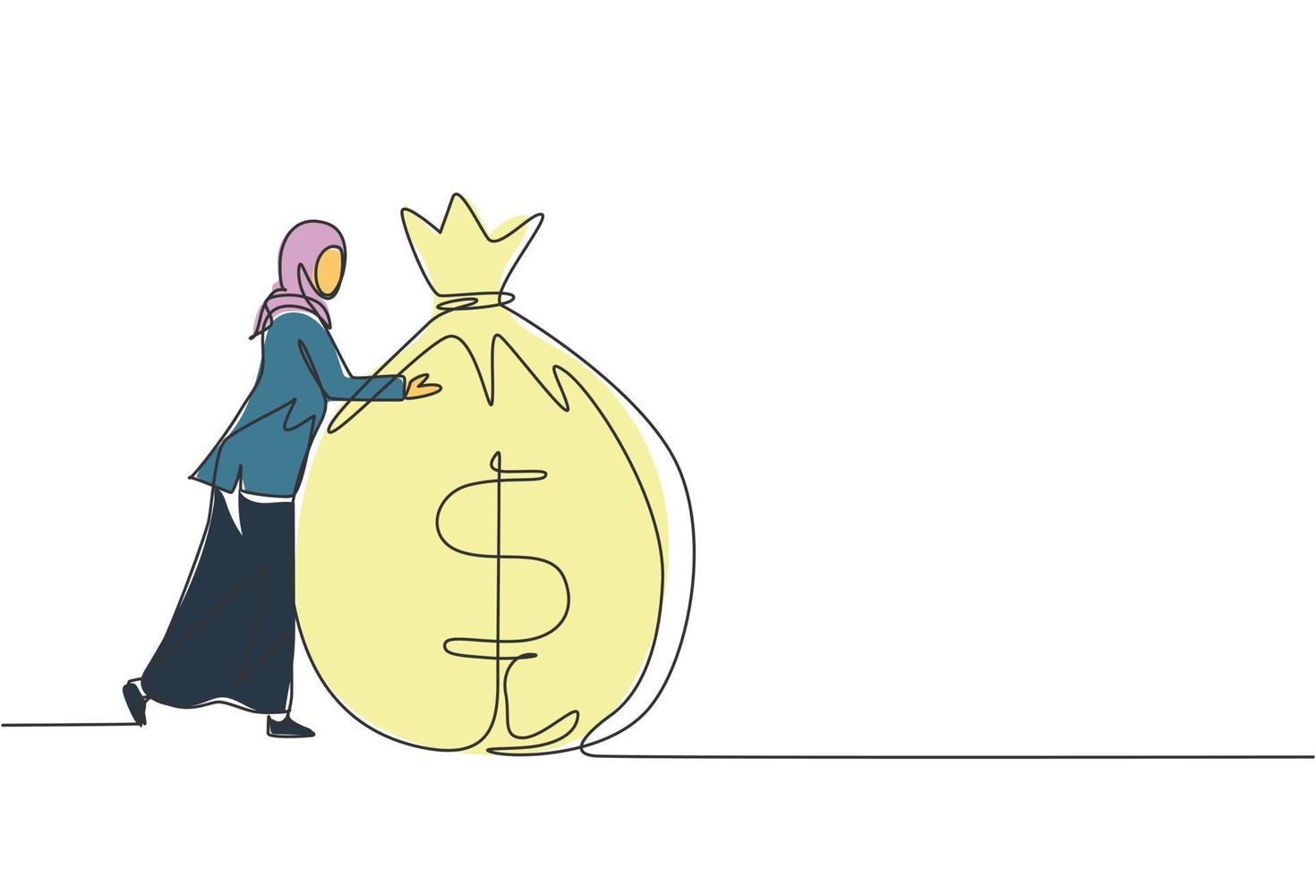 dessin en ligne continue unique femme d'affaires arabe étreignant un gros sac d'argent. réussite financière. femme debout, étreignant un énorme sac d'argent. idée créative d'entreprise. une ligne dessiner illustration vectorielle de conception vecteur