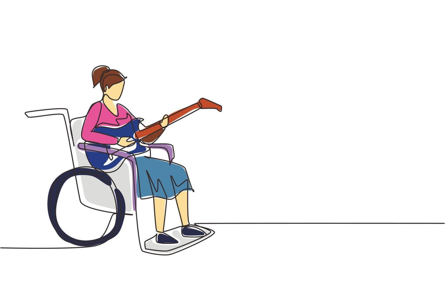 une ligne continue dessinant une jeune belle femme assise en fauteuil roulant jouant de la guitare électrique, chanter une chanson. handicapé. personne dans la salle d'hôpital. illustration vectorielle de dessin à une seule ligne vecteur