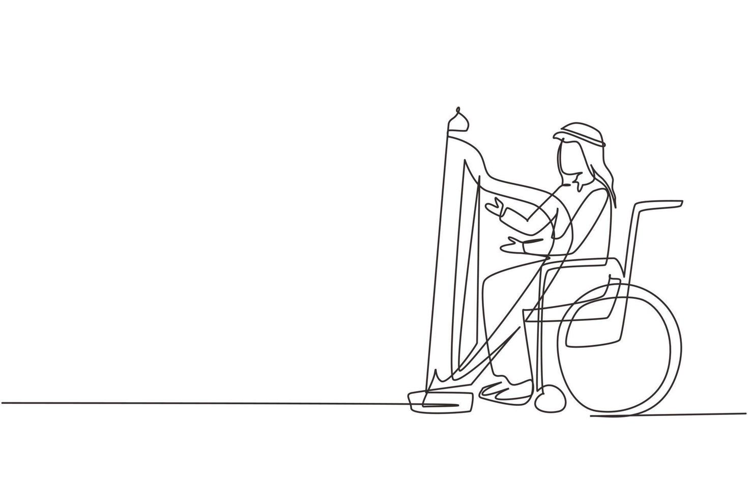 une ligne continue dessinant un jeune homme arabe assis en fauteuil roulant joue de la harpe en concert. handicap et musique classique. handicapé. personne à l'hôpital. graphique vectoriel de conception de dessin à une seule ligne