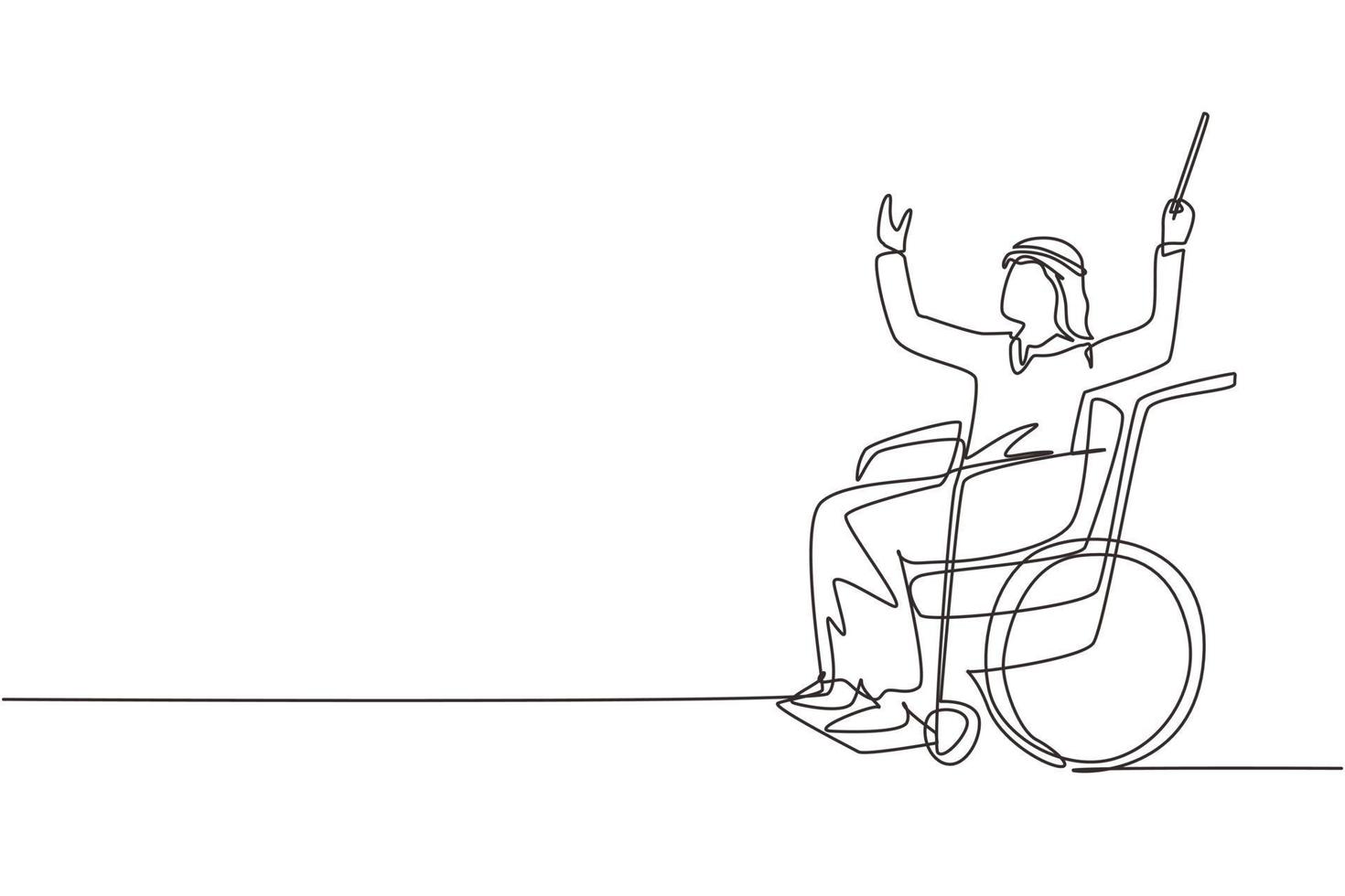 une ligne continue dessinant un jeune chef d'orchestre arabe assis dans un fauteuil roulant menant l'orchestre. handicap et musique classique. handicapé. illustration graphique vectorielle de conception de dessin à une seule ligne vecteur