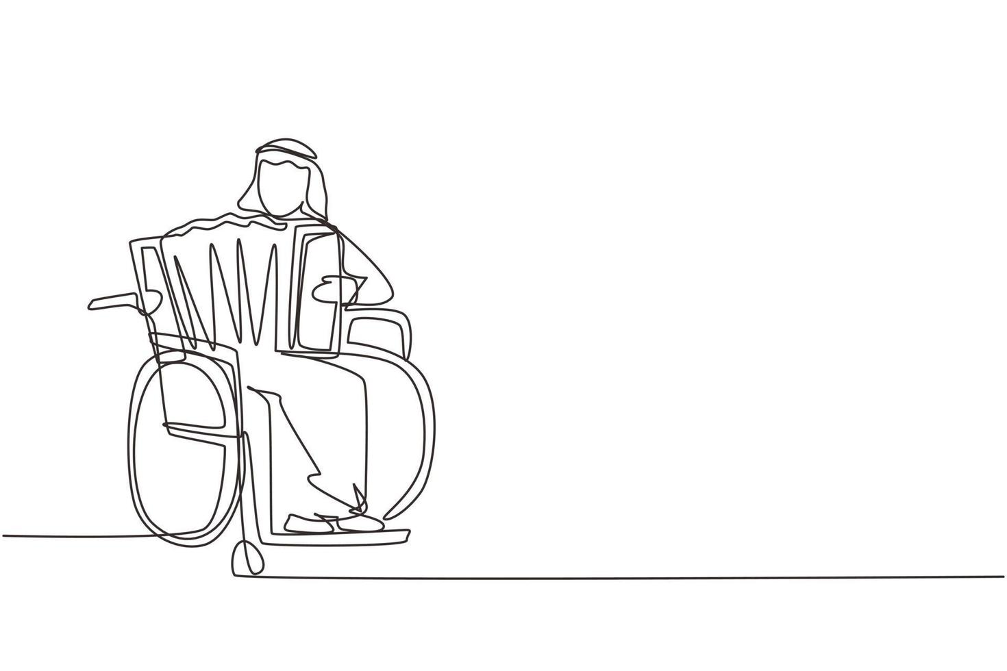dessin en ligne continue simple homme arabe handicapé en fauteuil roulant jouant de la musique d'accordéon. handicapé. personne à l'hôpital. patient du centre de rééducation. une ligne dessiner illustration vectorielle de conception vecteur