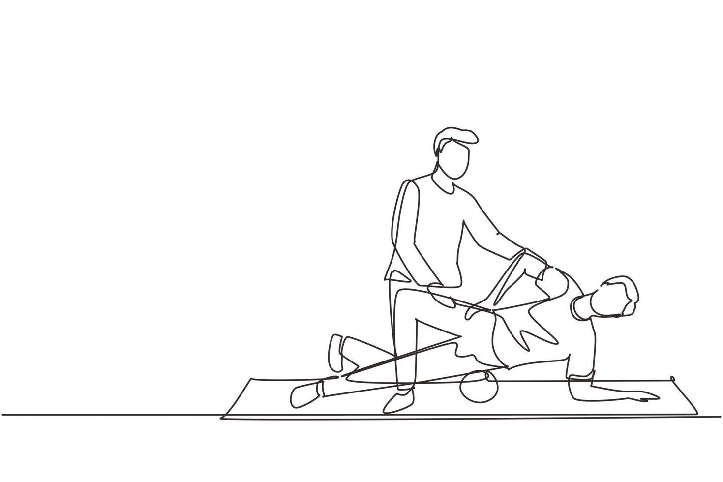 dessin en ligne continue unique ostéopathe masculin professionnel faisant un massage à l'homme. réglage de la colonne vertébrale. thérapie de réadaptation, thérapie manuelle. chiropraticien travaillant. vecteur de conception de dessin d'une ligne