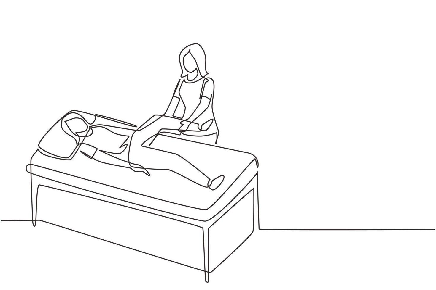 dessin en ligne continue unique femme allongée sur une table de massage masseur thérapeute professionnel faisant un traitement de guérison massant le patient traitant la thérapie physique manuelle du genou. vecteur de conception de dessin d'une ligne