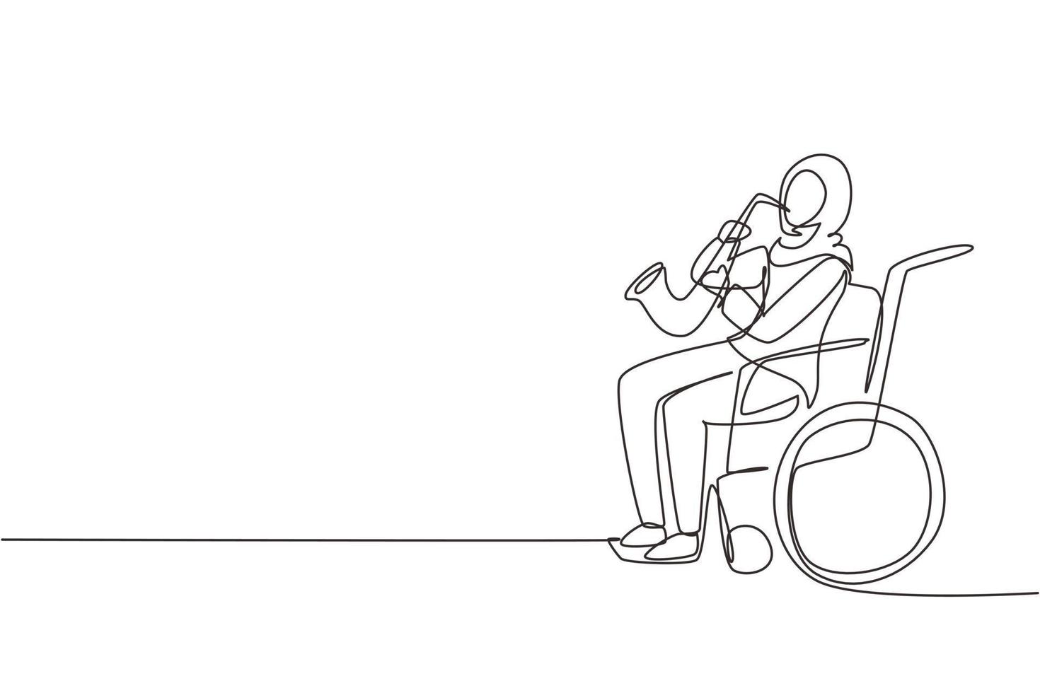 une seule ligne dessinant une femme arabe assise en fauteuil roulant joue du saxophone. handicap, musique classique. handicapé. personne à l'hôpital. illustration vectorielle graphique de conception de dessin en ligne continue vecteur