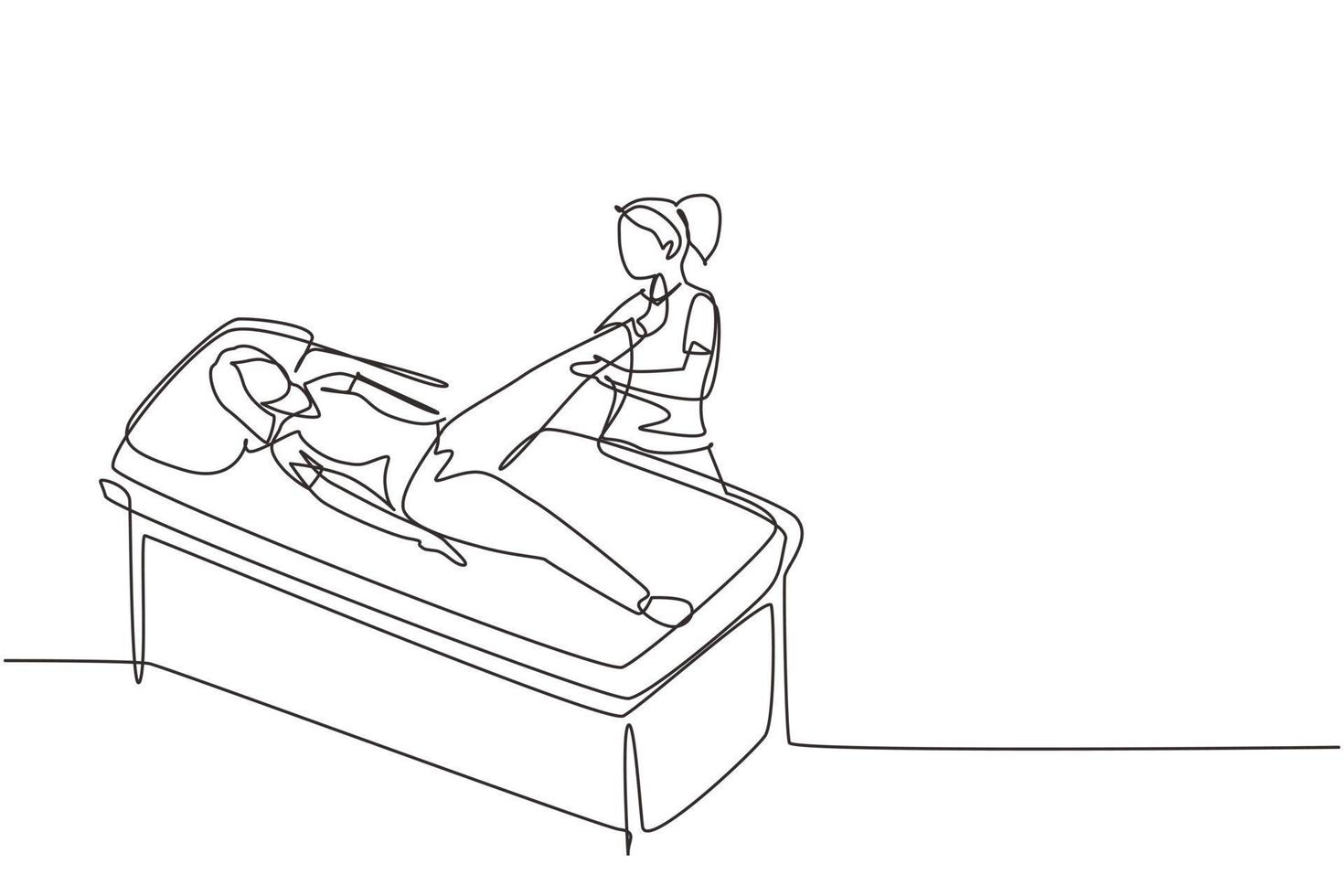 thérapeute de dessin en ligne continue unique aidant une patiente à lever la jambe pour faire de l'exercice. traitement de physiothérapie. centre de réhabilitation. exercice passif et actif. vecteur de conception de dessin d'une ligne