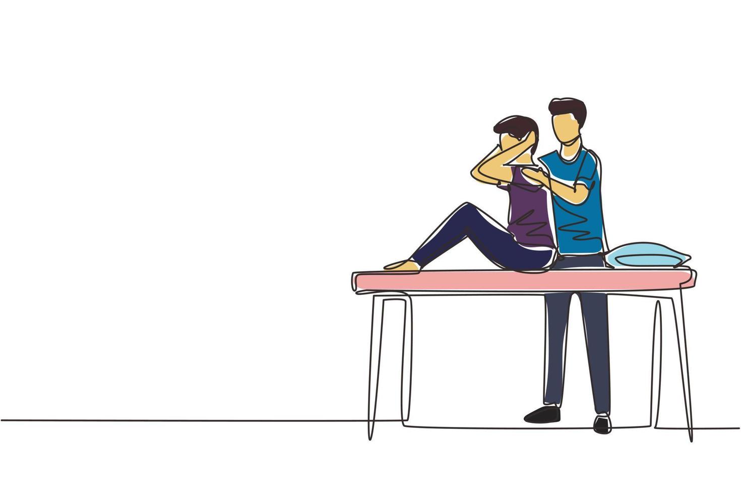 un seul dessin au trait homme assis sur une table de massage masseur faisant un traitement de guérison massant un patient blessé rééducation manuelle par thérapie physique. ligne continue dessiner illustration vectorielle de conception vecteur