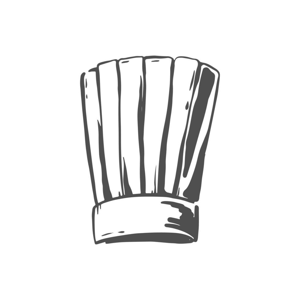 chapeau de chef cuisinier. casquette de boulanger ou de cuisinier, coiffe de cuisinier. élément de costume uniforme. croquis dessiné main vecteur isolé