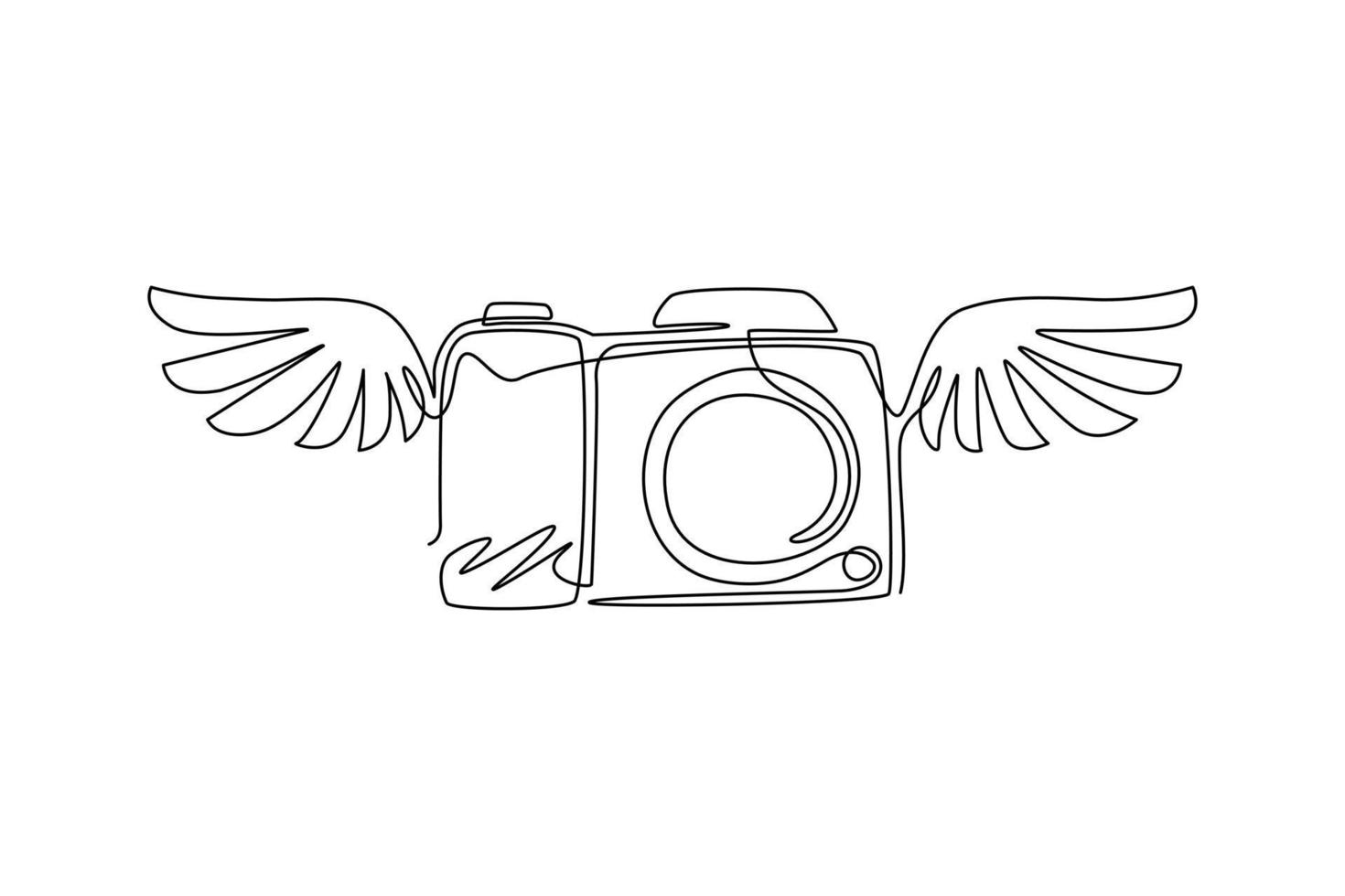 une ligne continue dessinant des ailes de caméra photo. photographie et logo de studio photo. enseigne commerciale, identité, étiquette, badge et image de marque pour les entreprises. illustration graphique vectorielle de conception de dessin à une seule ligne vecteur