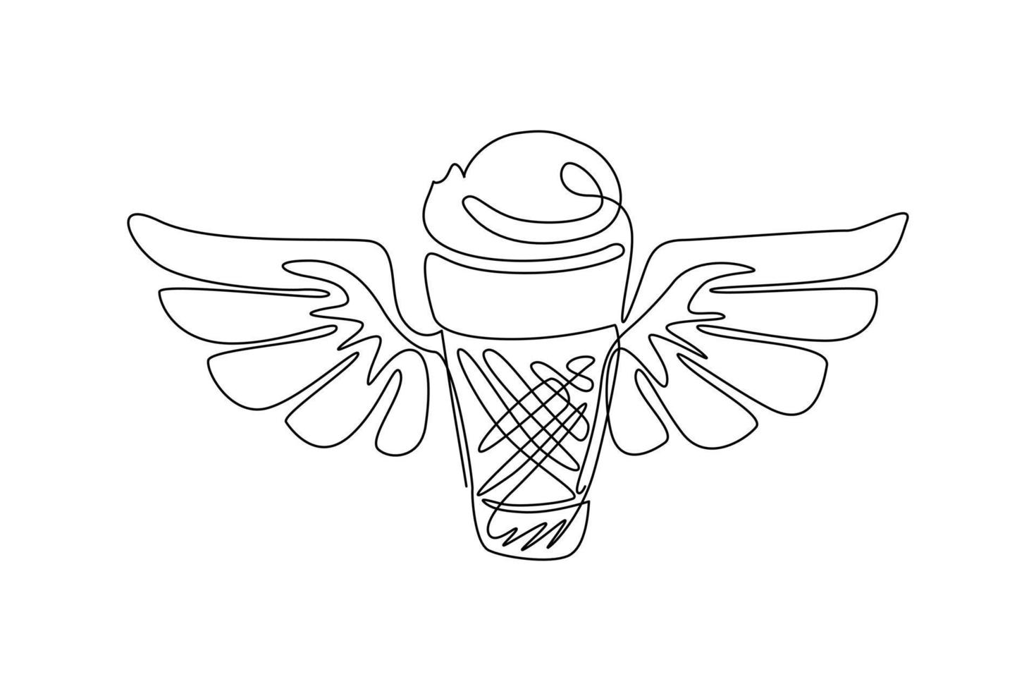 cornet de crème glacée dessinant une seule ligne continue avec icône d'ailes. logo de crème glacée congelée ailée pour le secteur alimentaire. délicieux dessert en été. dynamique une ligne dessiner illustration vectorielle de conception graphique vecteur