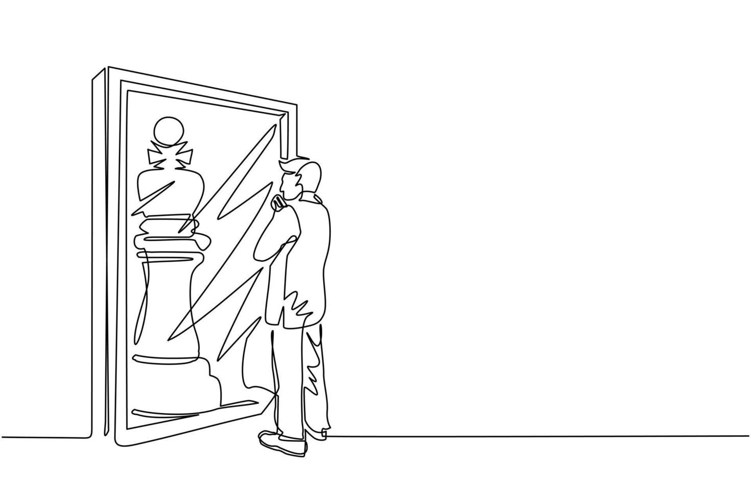 dessin continu d'une ligne homme d'affaires debout devant le miroir, reflétant le roi des échecs. métaphore de la confiance. succès, concept d'opportunités. illustration graphique vectorielle de conception de dessin à une seule ligne vecteur