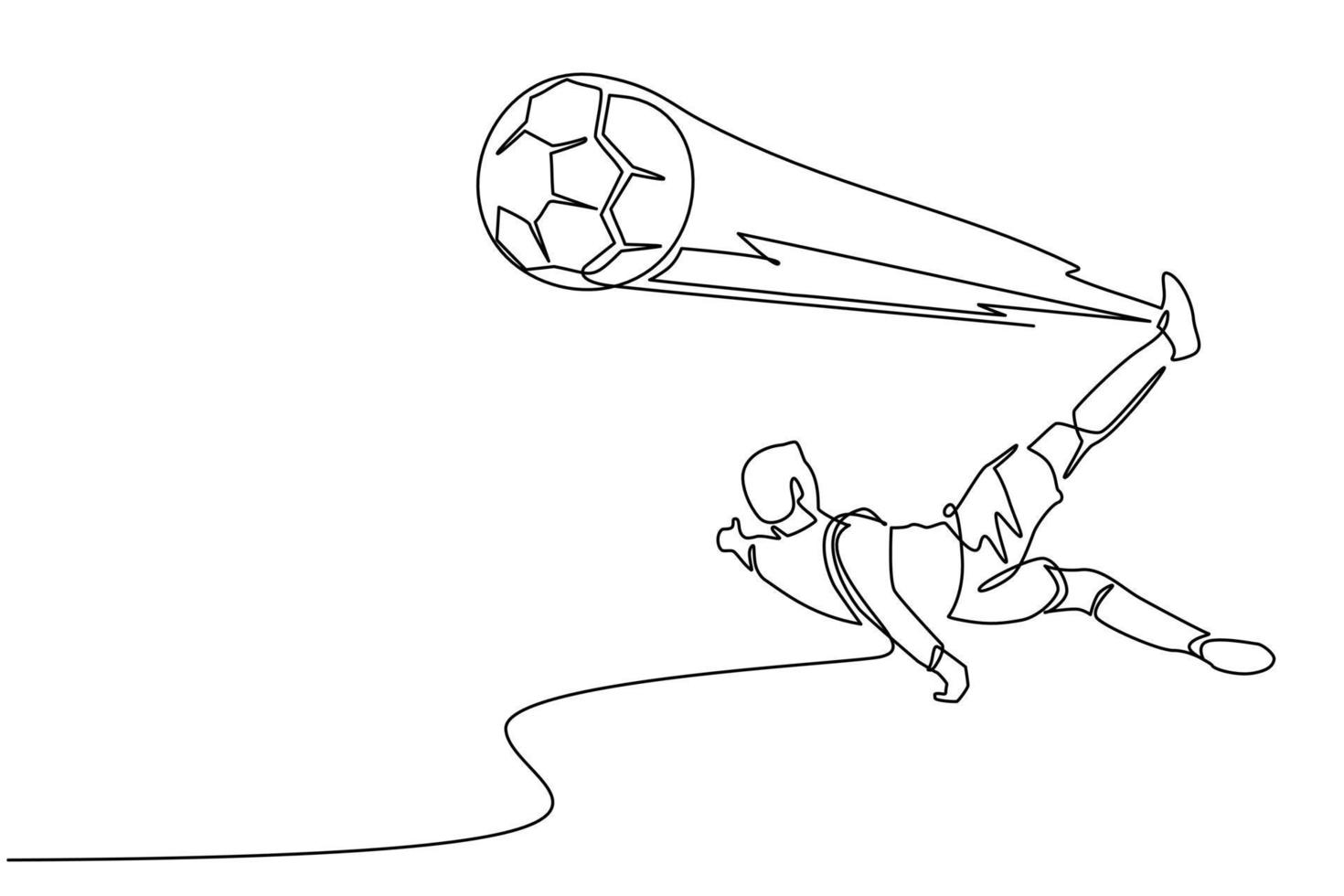 un joueur de football dessinant une seule ligne faisant un coup de pied au-dessus de la tête. joueur de football en action de sauter par-dessus le ballon de football pour marquer le but. illustration vectorielle graphique de conception de ligne continue moderne vecteur