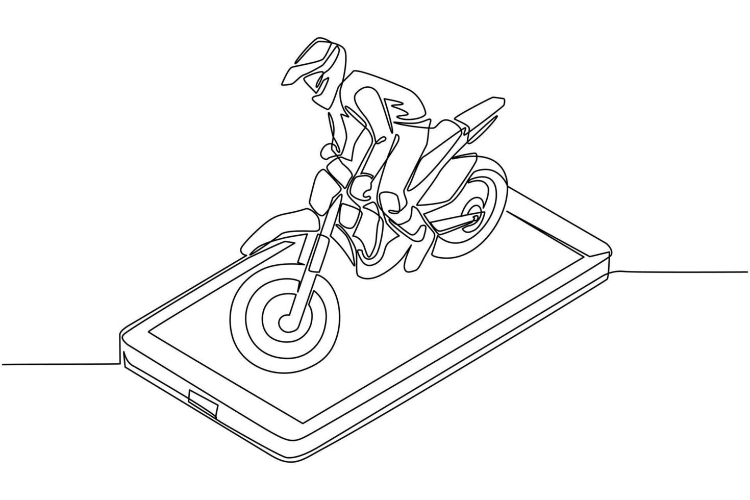 dessin en ligne continue d'un pilote de motocross faisant du vélo de motocross sur l'écran du smartphone. moto de motocross. enduro, freestyle motocross sport extrême. dynamique une ligne dessiner vecteur de conception graphique