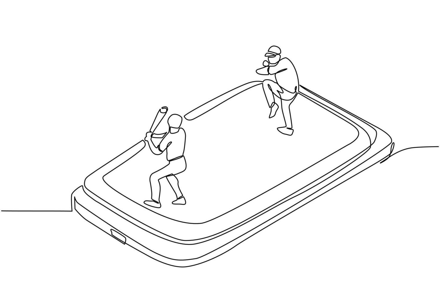 terrain de baseball dessinant une ligne continue avec deux joueurs sur l'écran du smartphone. jeux de base-ball en ligne. applications pour smartphones. base-ball mobile. illustration graphique vectorielle de conception de dessin à une seule ligne vecteur