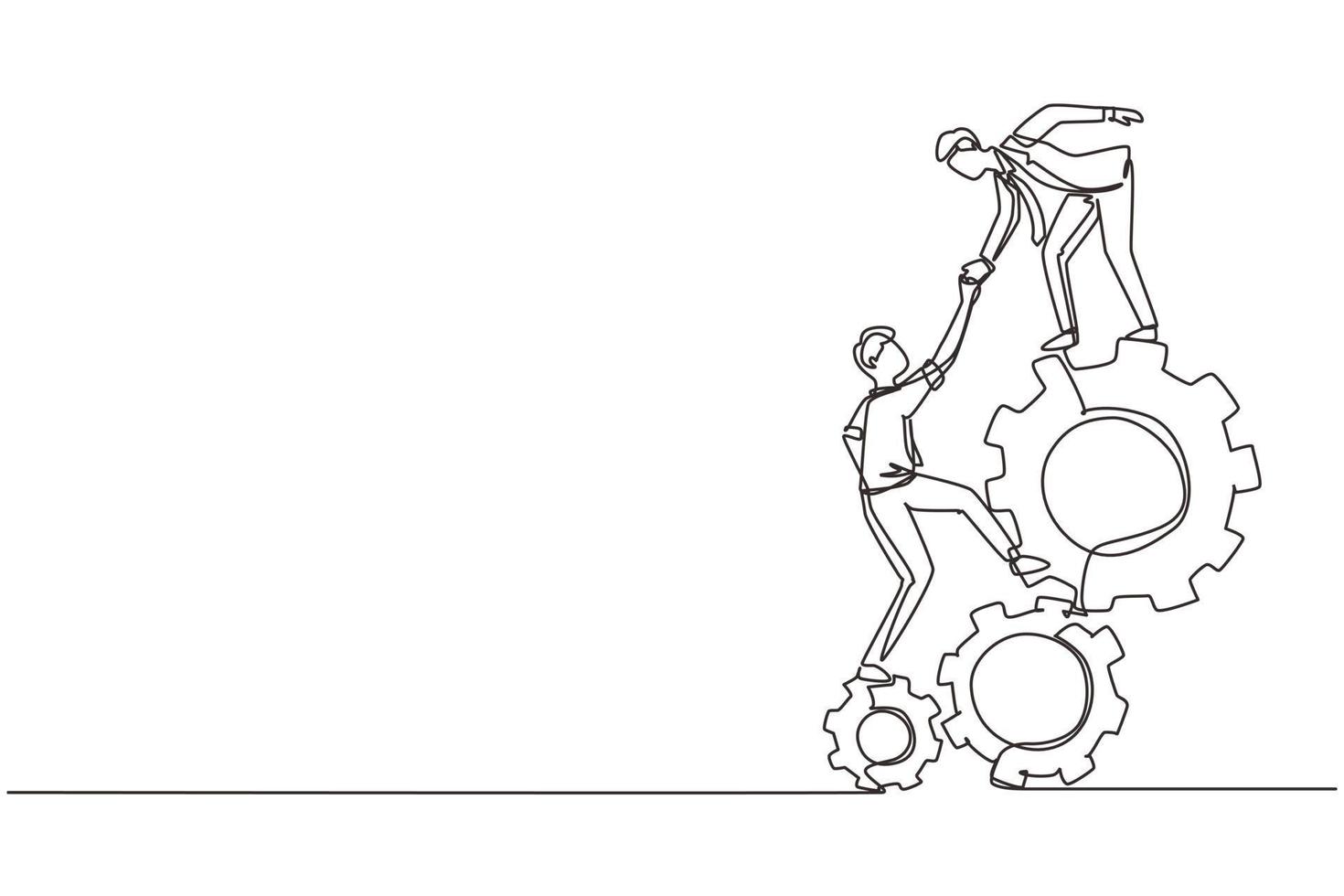 une seule ligne dessinant deux jeunes hommes d'affaires qui s'entraident pour monter sur un tas de rouages. les gens du travail d'équipe font confiance à l'assistance. solution de collaboration d'équipement technologique. vecteur de conception de dessin en ligne continue