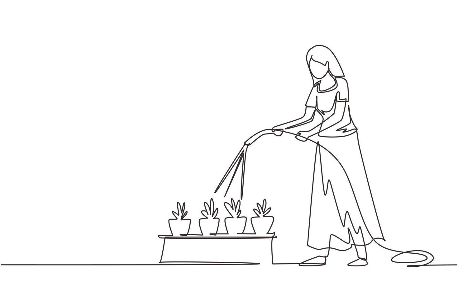 une ligne continue dessinant une jeune femme arrosant des plantes en pot avec un tuyau. jardinage, serre, jardin botanique, culture de fleurs, concept de pépinière. illustration vectorielle de dessin à une seule ligne vecteur