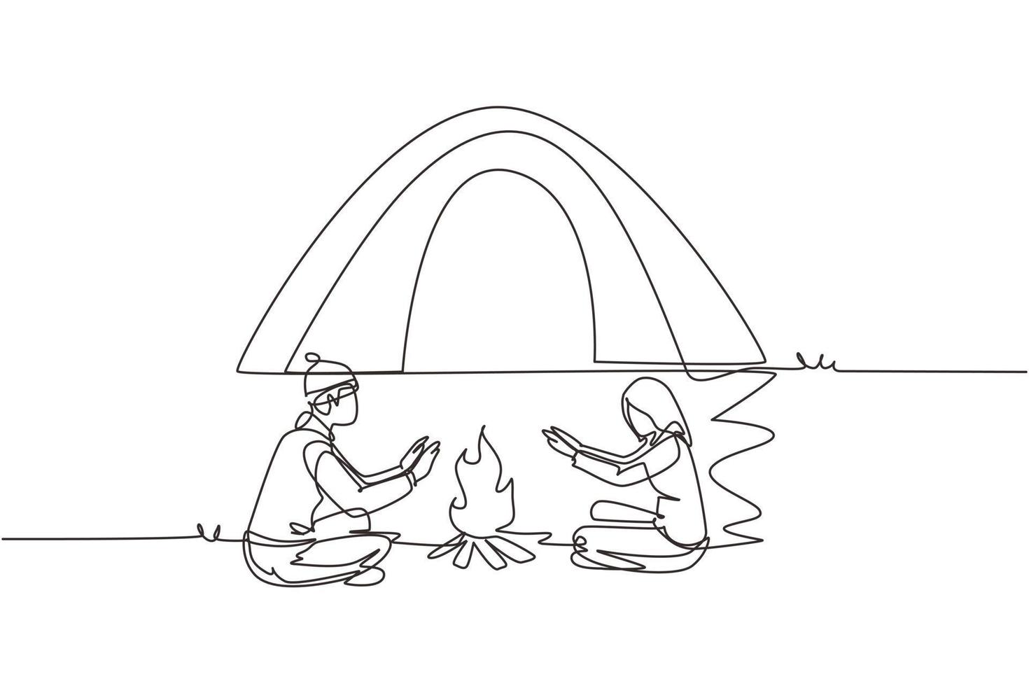 dessin en ligne continue simple voyageant couple loisirs actifs camping autour des tentes de feu de camp. l'homme et la femme se réchauffent les mains près du feu de joie. dynamique une ligne dessiner illustration vectorielle de conception graphique vecteur