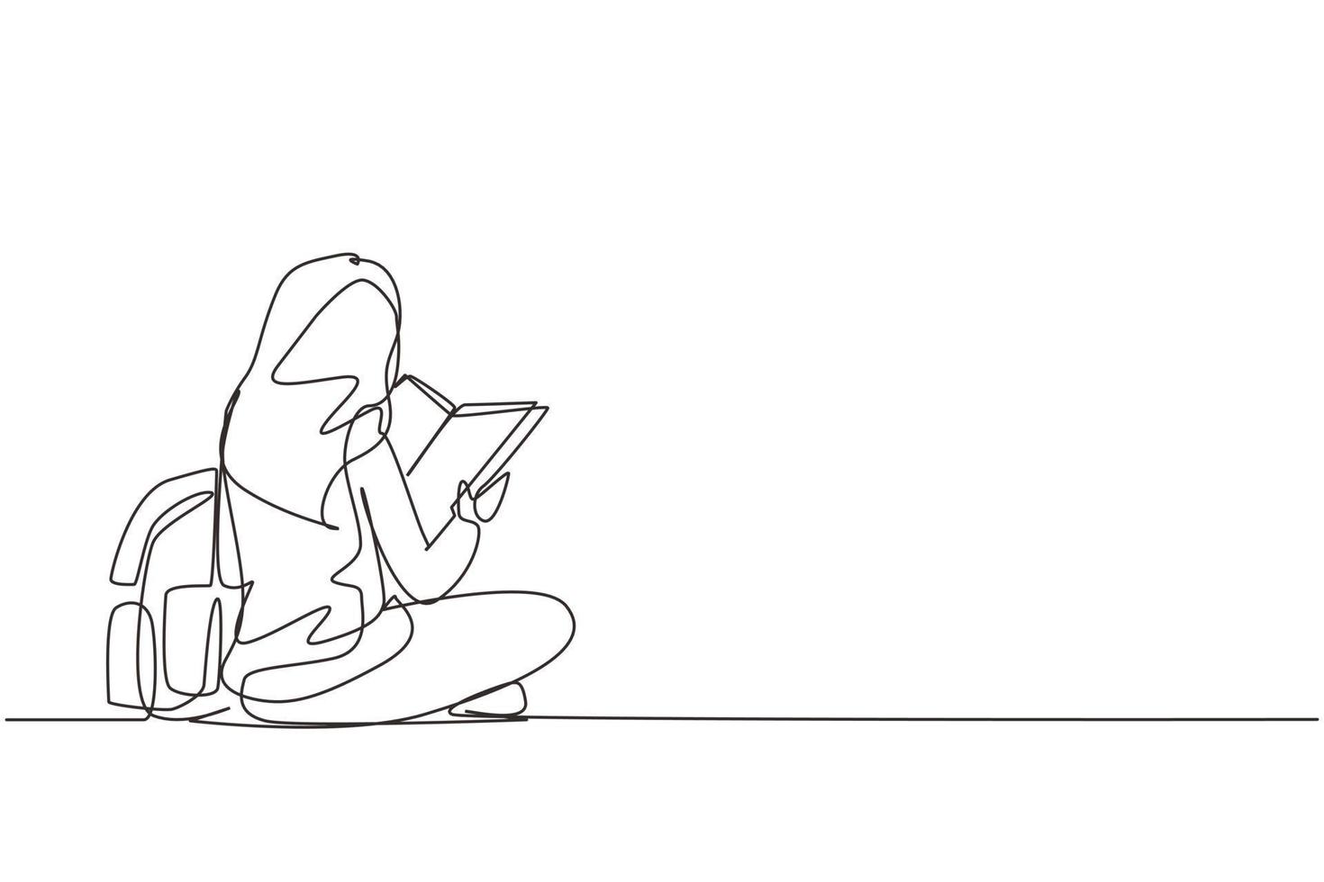 éducation au dessin en ligne continue unique. vue arrière femme assise sur le sol lisant un livre. étudiant se prépare à l'examen, retourne à l'école pour acquérir des connaissances. une ligne dessiner illustration vectorielle de conception vecteur