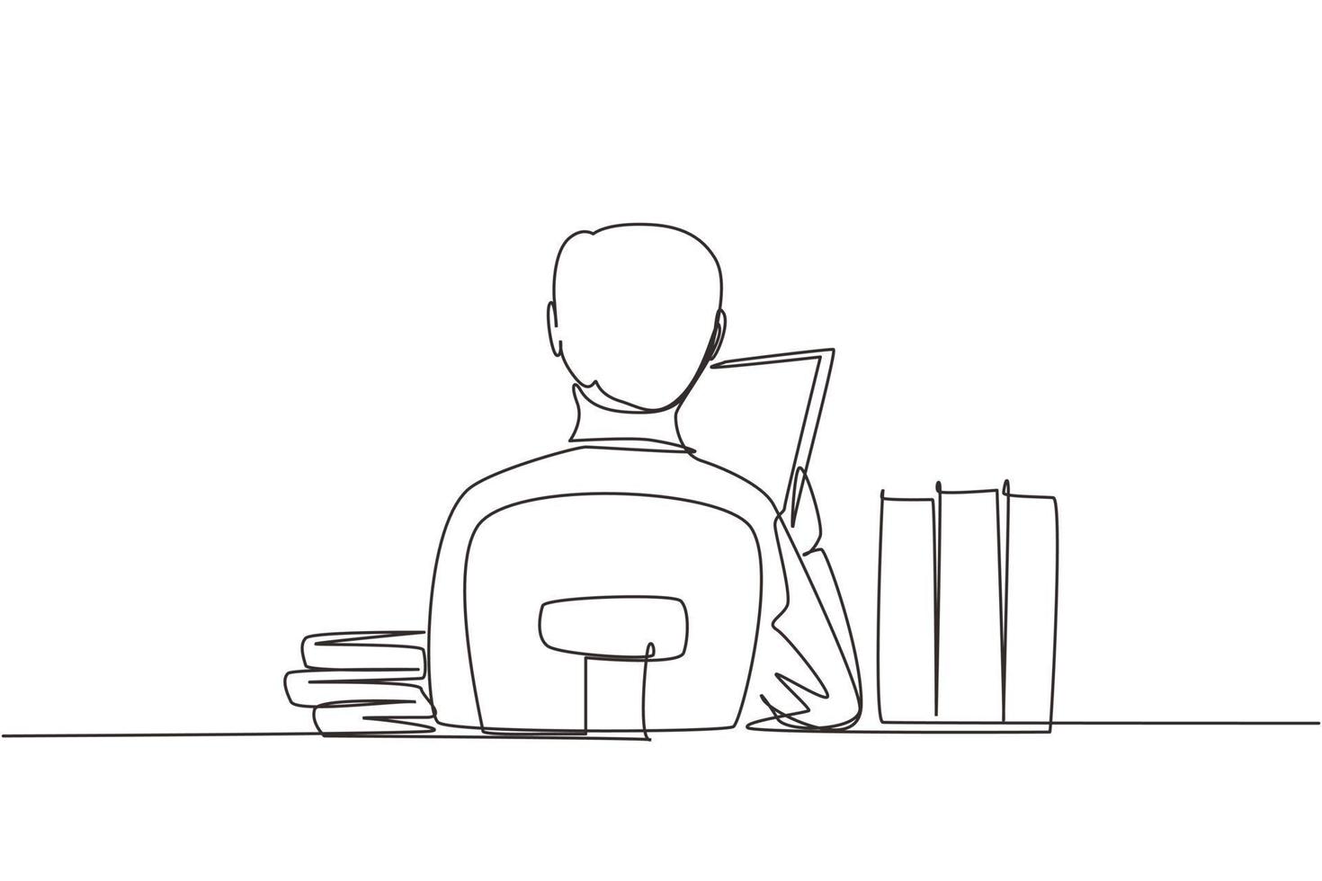 une ligne continue dessinant la vue arrière du jeune homme assis au bureau et lisant un livre, étudiant étudiant dur et se préparant avant l'examen avec une pile de livres. illustration vectorielle de dessin à une seule ligne vecteur