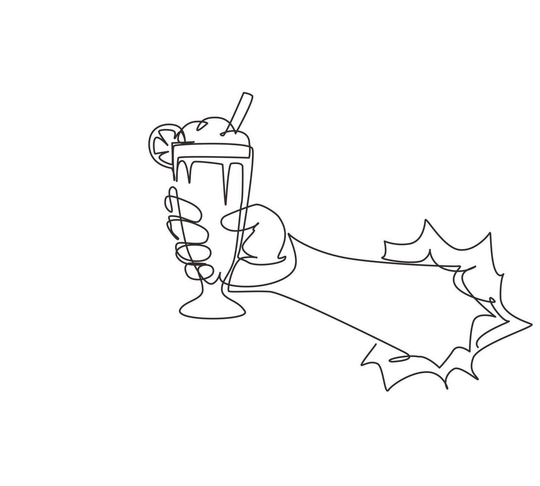 une seule main de dessin en ligne tient un milk-shake en verre avec de la crème fouettée à travers du papier blanc déchiré. boisson gazeuse froide pour l'été. boisson sucrée. vecteur de conception de dessin de ligne continue de restauration rapide savoureux et délicieux