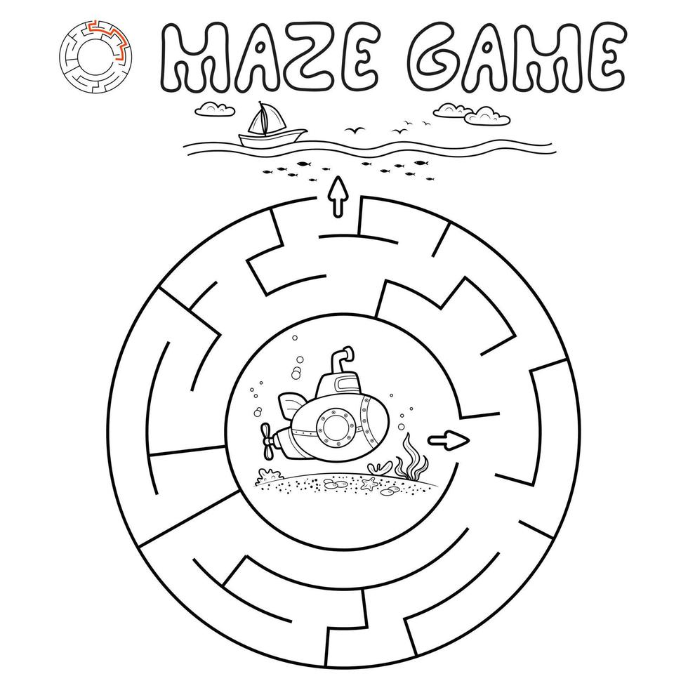 jeu de puzzle labyrinthe pour les enfants. contour cercle labyrinthe ou jeu de labyrinthe avec sous-marin. vecteur