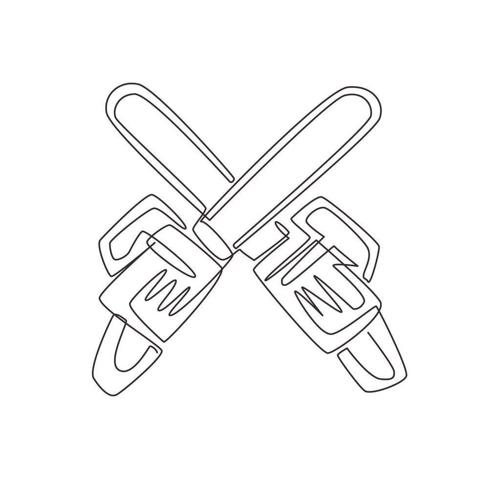 une ligne continue dessinant des tronçonneuses croisées isolées sur fond blanc. symbole de bûcheron d'outil. deux tronçonneuses croisées pour l'icône de bûcheron. illustration graphique vectorielle de conception de dessin à une seule ligne vecteur