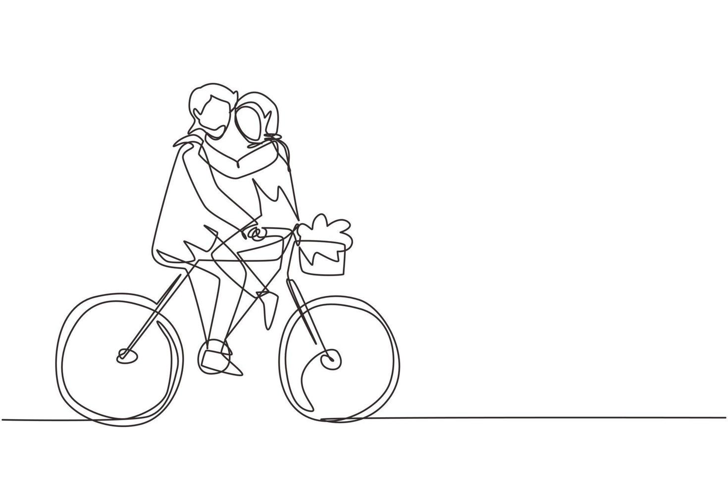 une seule ligne dessinant un jeune homme et une femme arabes faisant du vélo face à face. un couple romantique heureux fait du vélo ensemble. famille heureuse. illustration vectorielle graphique de conception de dessin en ligne continue vecteur