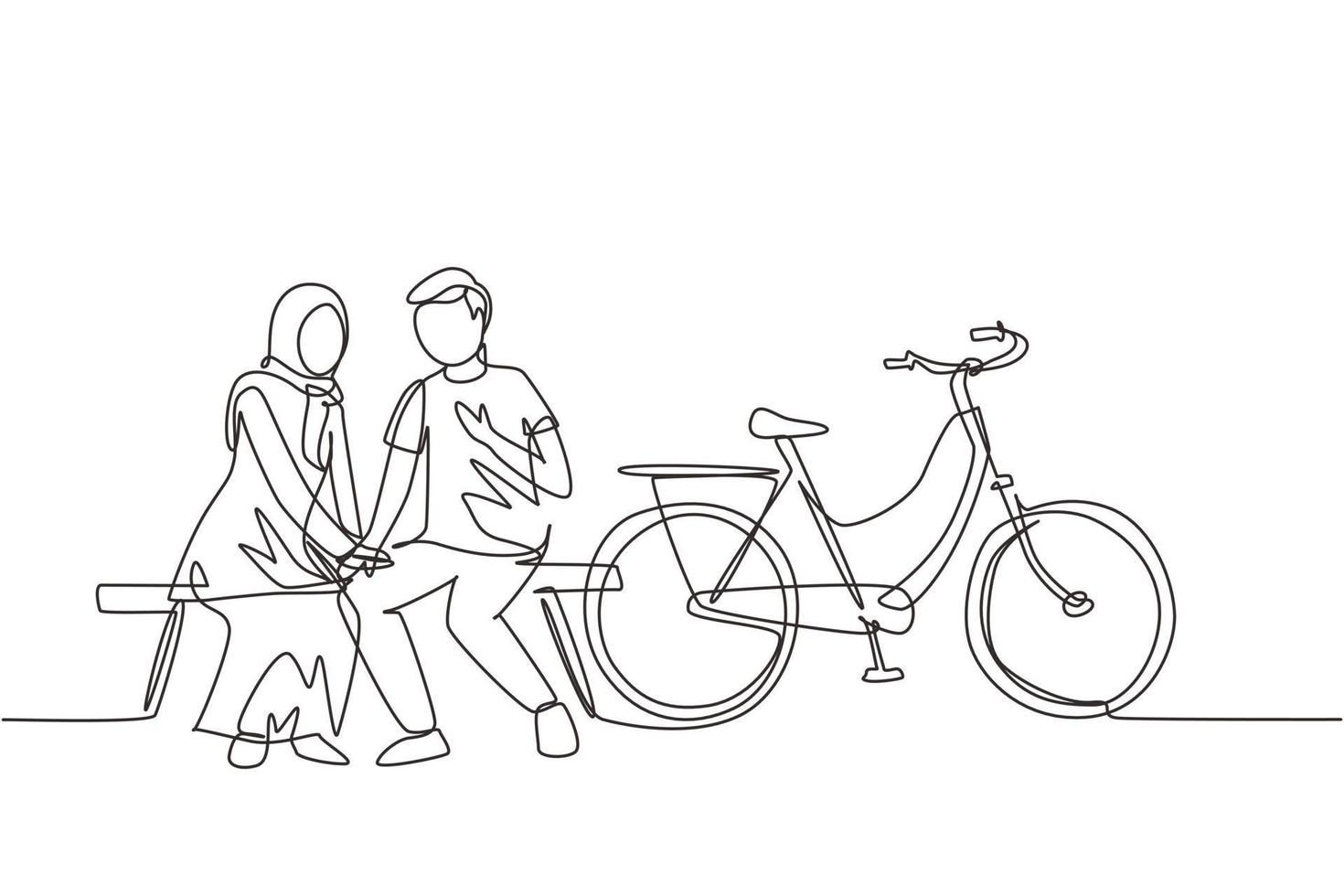 une ligne continue dessinant un couple arabe romantique bavardant assis sur un banc. couple d'adolescents romantique faire du vélo. jeune homme et femme amoureux. illustration graphique vectorielle de conception de dessin à une seule ligne vecteur