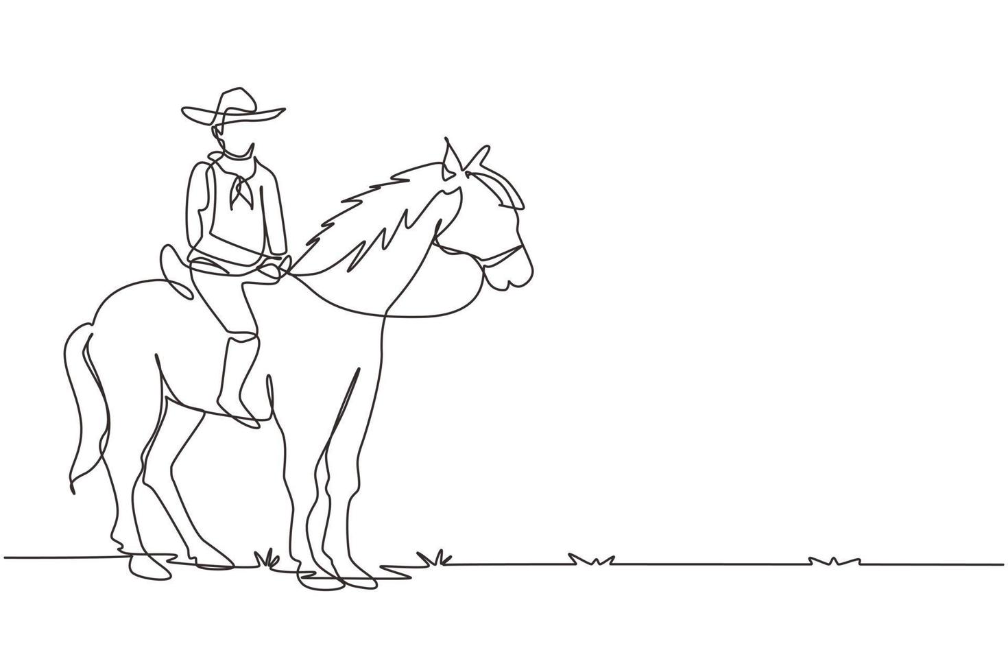 une seule ligne continue dessinant un jeune homme avec un chapeau de cow-boy à cheval. les hommes seniors posent élégance à cheval. cow-boy à cheval debout. dynamique une ligne dessiner illustration vectorielle de conception graphique vecteur