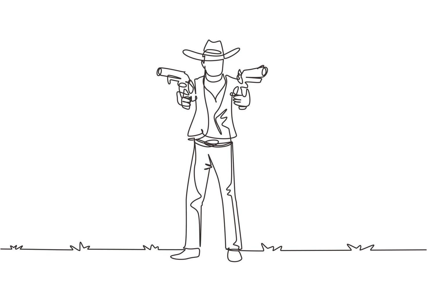 une ligne continue dessinant un flingueur du Far West tenant deux fusils. cowboys américains visant deux pistolets dans le désert. armes pour l'autodéfense. illustration graphique vectorielle de conception de dessin à une seule ligne vecteur