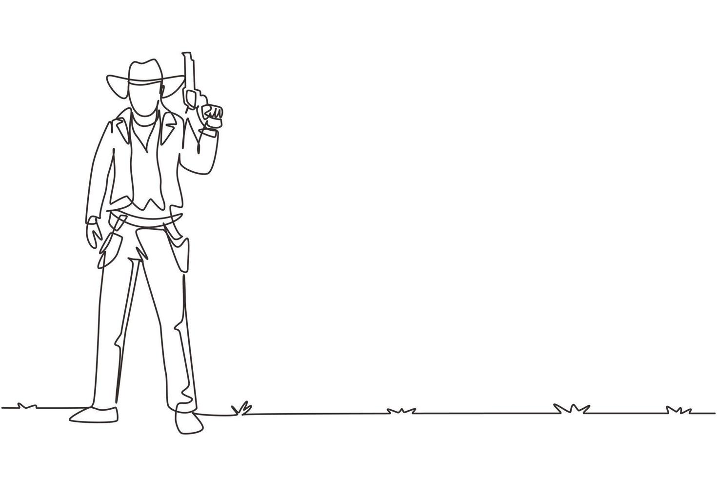 une seule ligne continue dessinant un cow-boy intelligent avec un chapeau tenant son arme. style gunslinger américain tenant le concept d'arme à feu. armes pour l'autodéfense. dynamique une ligne dessiner illustration vectorielle de conception graphique vecteur