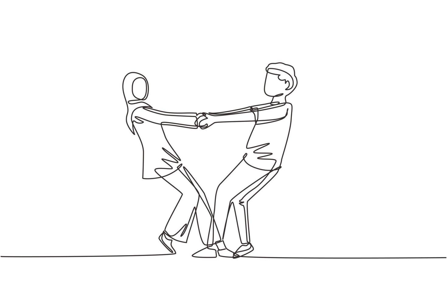 une seule ligne dessinant un homme et une femme arabes heureux dansant sur le sol au parc. jeune couple de mariage romantique tenant par la main et tournant autour. illustration vectorielle graphique de conception de dessin en ligne continue vecteur
