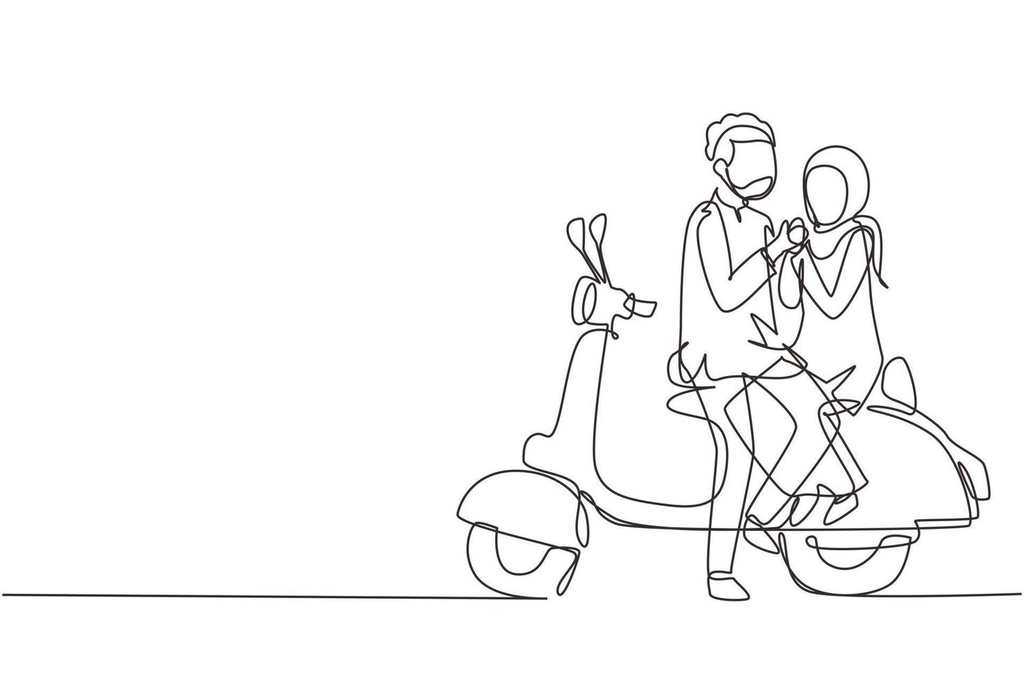 une ligne continue dessinant des cavaliers arabes couple voyage voyage se détendre. moments de lune de miel romantiques assis et parlant à moto. homme avec femme équitation scooter. graphique vectoriel de conception de dessin à une seule ligne