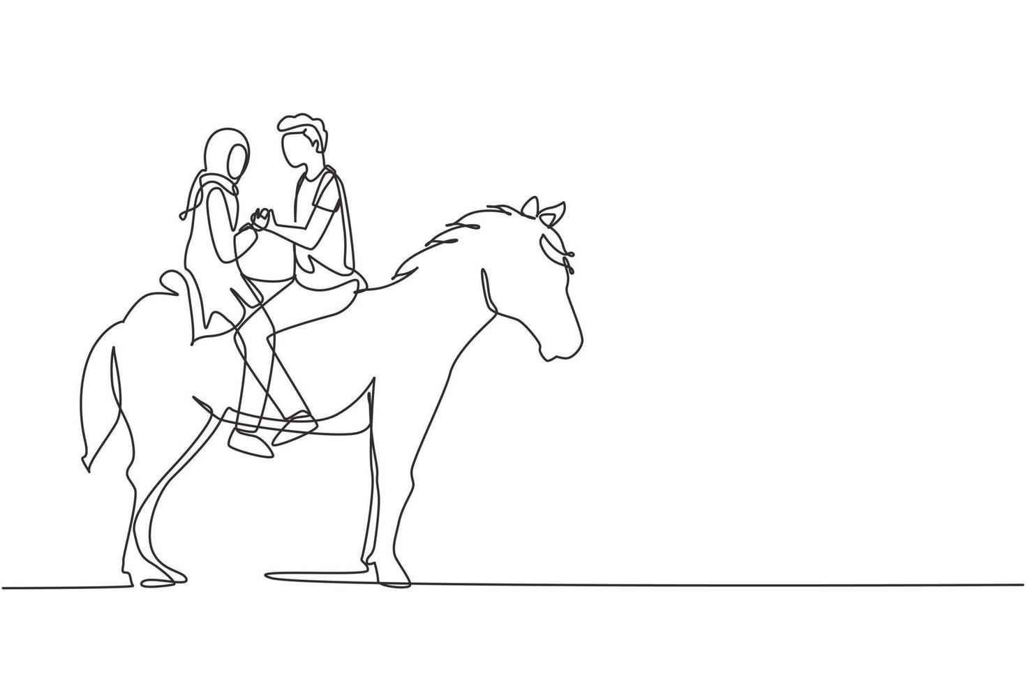 une seule ligne continue dessinant un couple arabe à cheval face à face au coucher du soleil. homme heureux faisant une proposition de mariage à une femme. fiançailles et relation amoureuse. dynamique une ligne dessiner vecteur de conception graphique