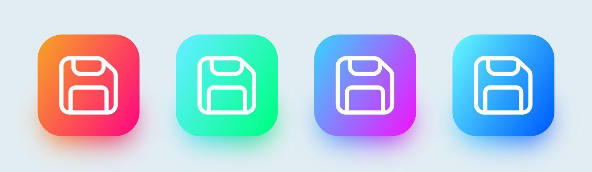 icône de ligne de disque dans des couleurs dégradées carrées. signe vectoriel de disquette pour le stockage.