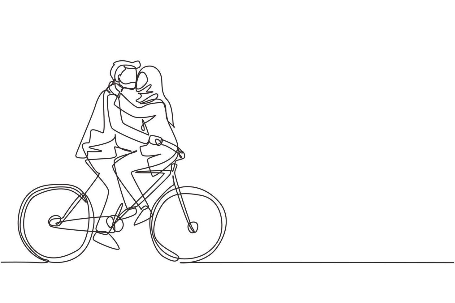 une seule ligne dessinant un couple arabe actif à vélo ensemble. heureux amoureux cycliste homme et femme étreignant sentiment d'amour. personnes souriantes appréciant les activités de plein air. conception de dessin en ligne continue vecteur