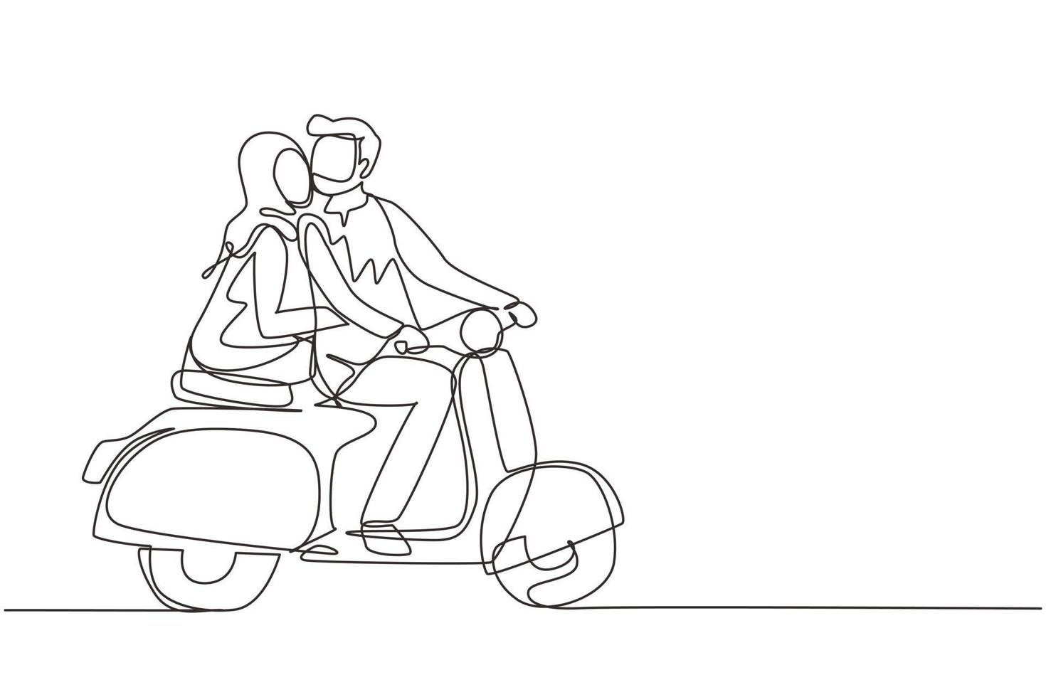 dessin continu d'une ligne arabe couple avec scooter vintage, concept de pré-mariage. homme et femme à moto, relation amoureuse. road trip romantique, voyage. vecteur de conception de dessin à une seule ligne