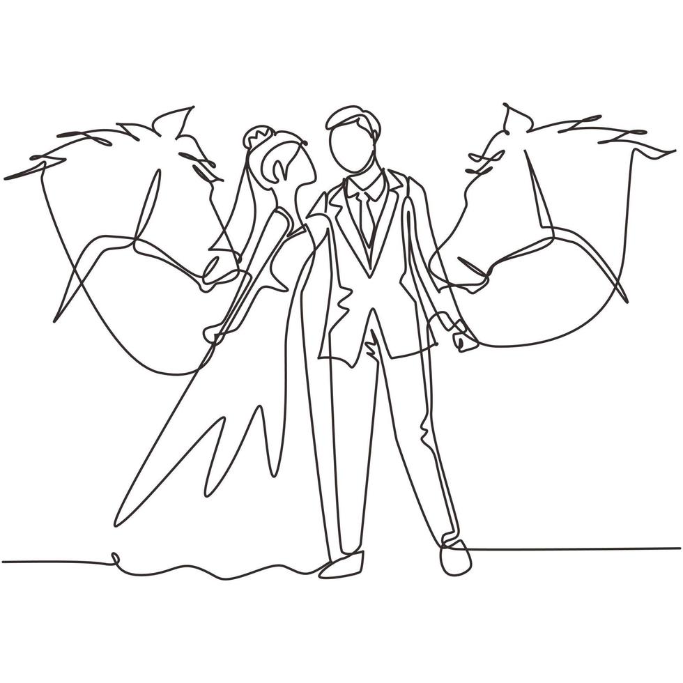une ligne continue dessinant un couple marié romantique avec des chevaux. jeune homme et femme portant une robe de mariée à cheval. fiançailles et relation amoureuse. illustration graphique vectorielle de conception de dessin à une seule ligne vecteur