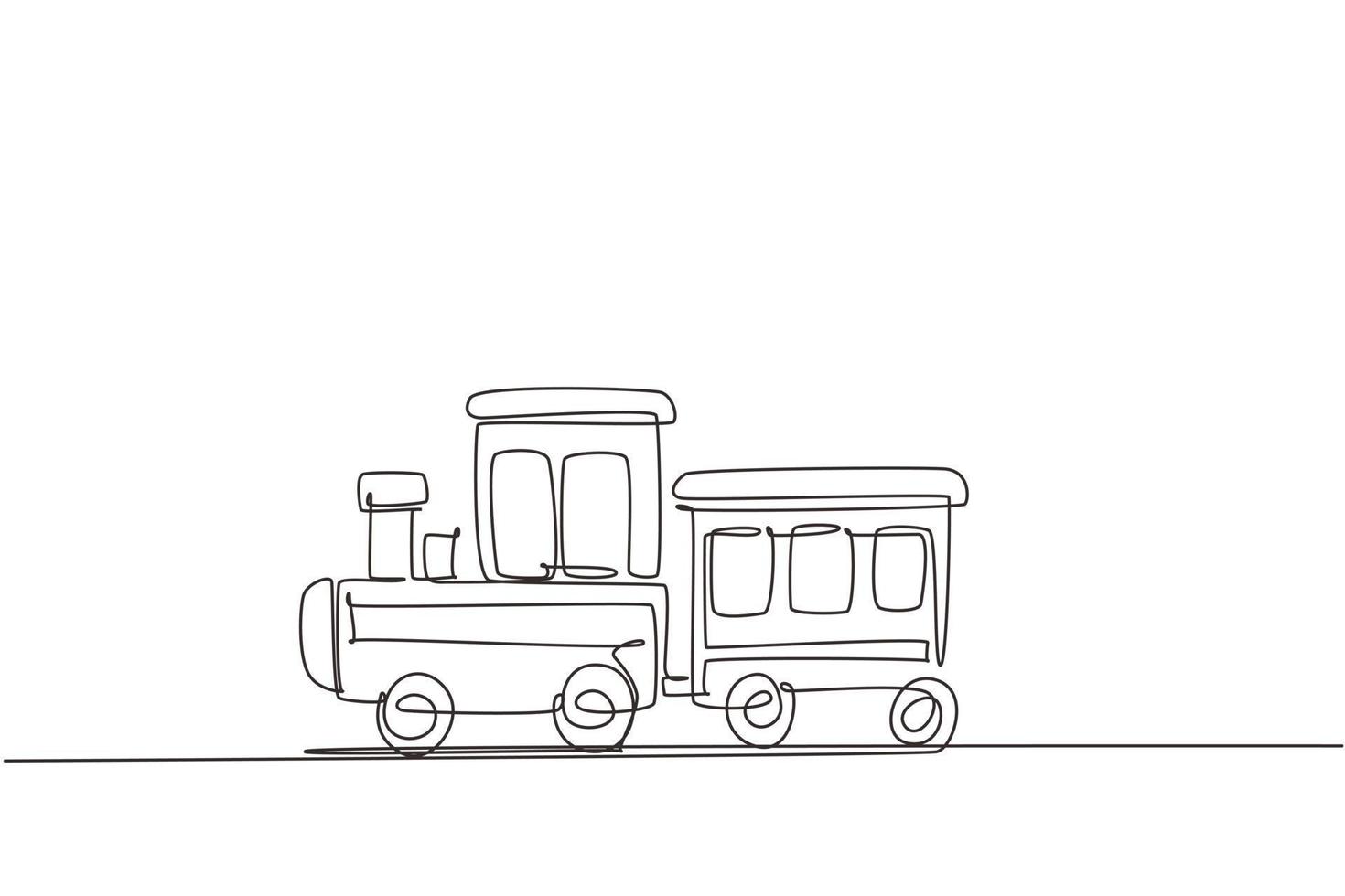 train de jouet de dessin continu d'une ligne. adorable petit train et locomotive avec wagon de chemin de fer. jouet de train pour bébé. passager et fret. icône du jouet pour enfants. illustration graphique vectorielle de conception à une seule ligne vecteur