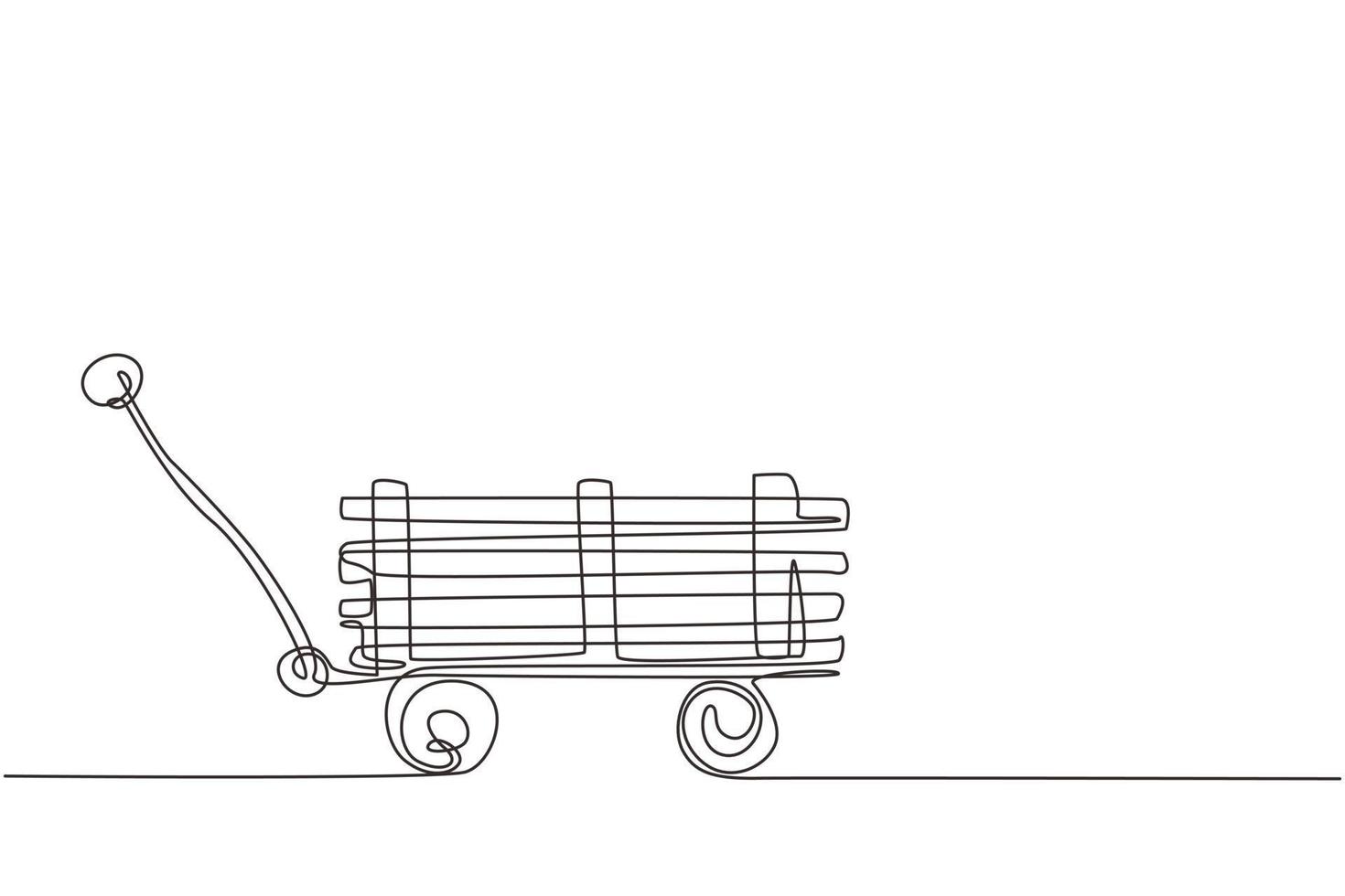 dessin continu d'une ligne jouet mini wagon avec bois. brouette de ferme. équipement de chariot de jardin pour le jardinage, la récolte, la plantation de semis. illustration graphique vectorielle de conception de dessin à une seule ligne vecteur