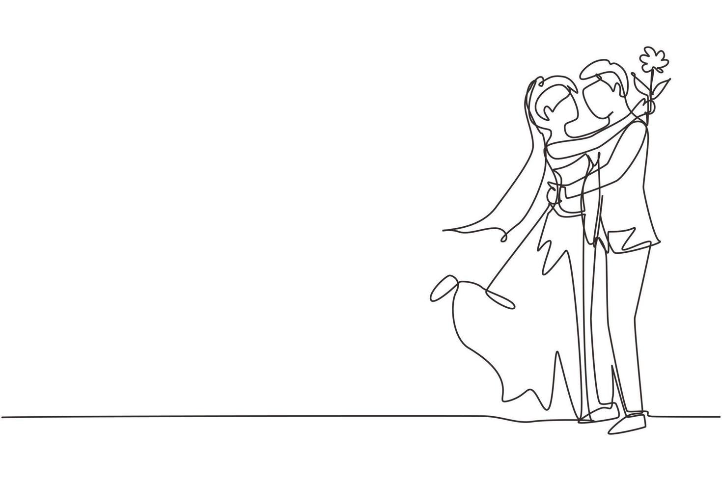 une seule ligne continue dessinant un garçon romantique donnant une fleur rose à une fille portant une robe de mariée. couple heureux se prépare pour le mariage. fiançailles et relation amoureuse. une ligne dessiner vecteur de conception graphique