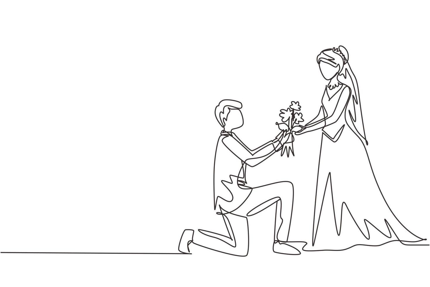 un seul dessin en ligne continue l'homme sur le genou donne un bouquet à une femme portant une robe de mariée. garçon amoureux donnant des fleurs. couple heureux se prépare pour la fête de mariage. une ligne dessiner vecteur de conception graphique