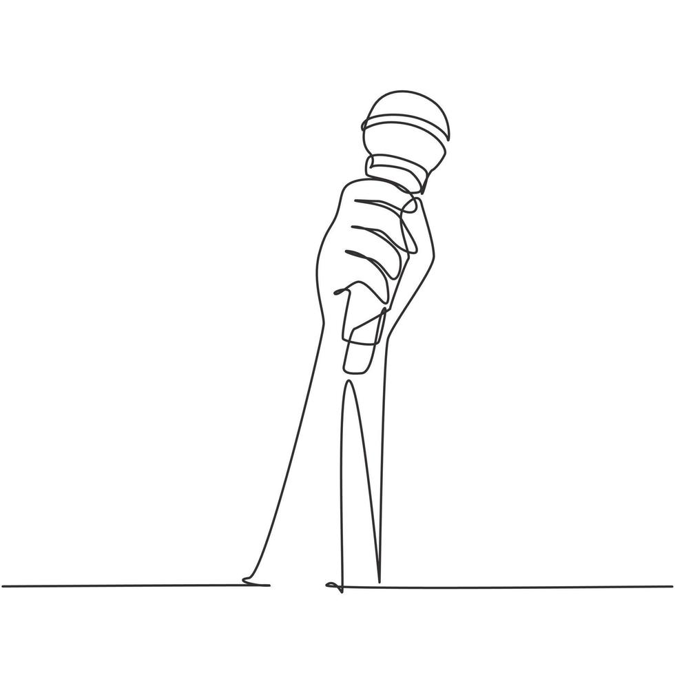 continu une ligne dessinant une main féminine tenant un microphone isolé sur fond blanc, un tracé de détourage. les gens du karaoké chantent la chanson au microphone. illustration graphique vectorielle de conception de dessin à une seule ligne vecteur