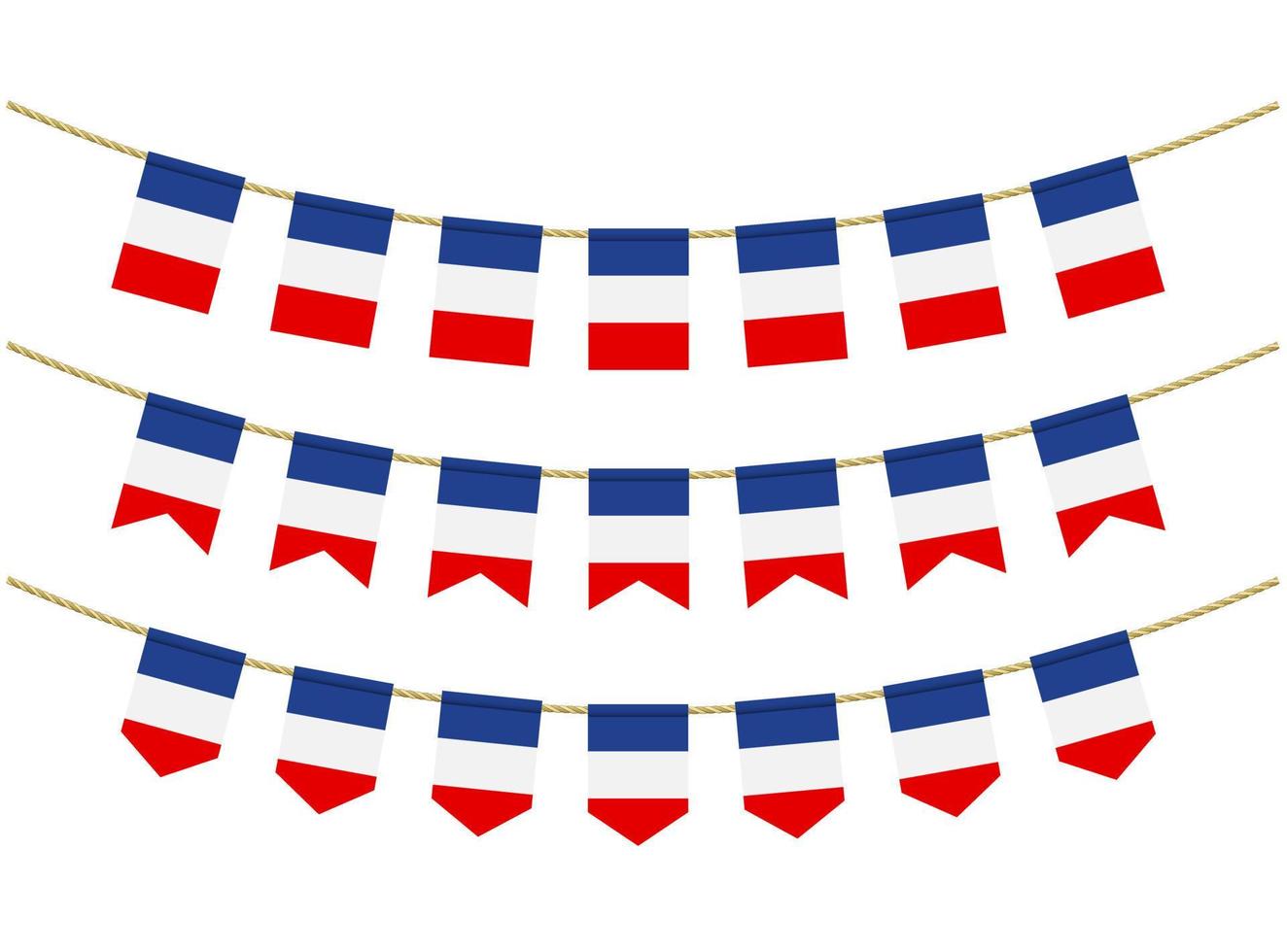 drapeau de la france sur les cordes sur fond blanc. ensemble de drapeaux banderoles patriotiques. banderoles décoration du drapeau de la france vecteur