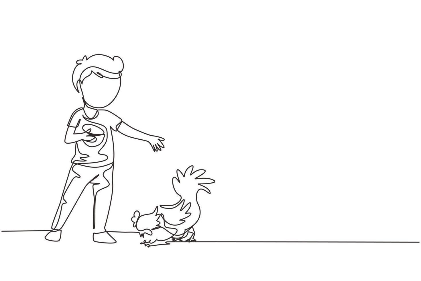 une ligne continue dessinant un petit garçon nourrissant du poulet dans une ferme de poulets. enfant fermier nourrissant le coq, la poule et les petits poulets. la vie des enfants fermiers. illustration graphique vectorielle de conception de dessin à une seule ligne vecteur